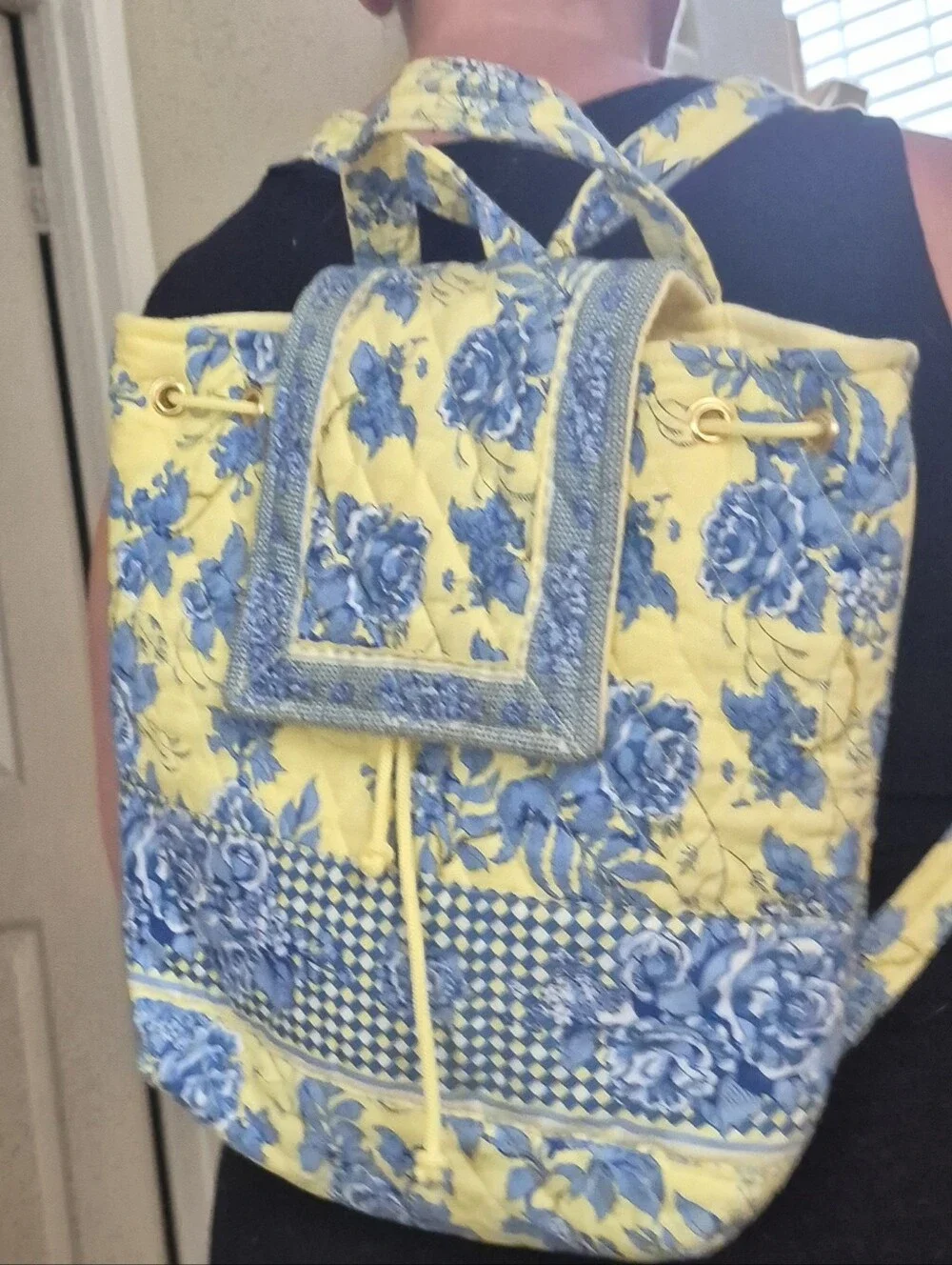 Quilted Floral Backpack Tote By Sharif Yellow & Blue Rose Print Gingham Trim